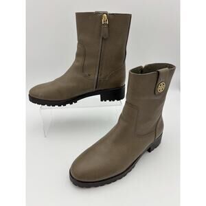Tory Burch Oakridge Logo Ankle Boots Porcini Taupe Greige Size 8.5
